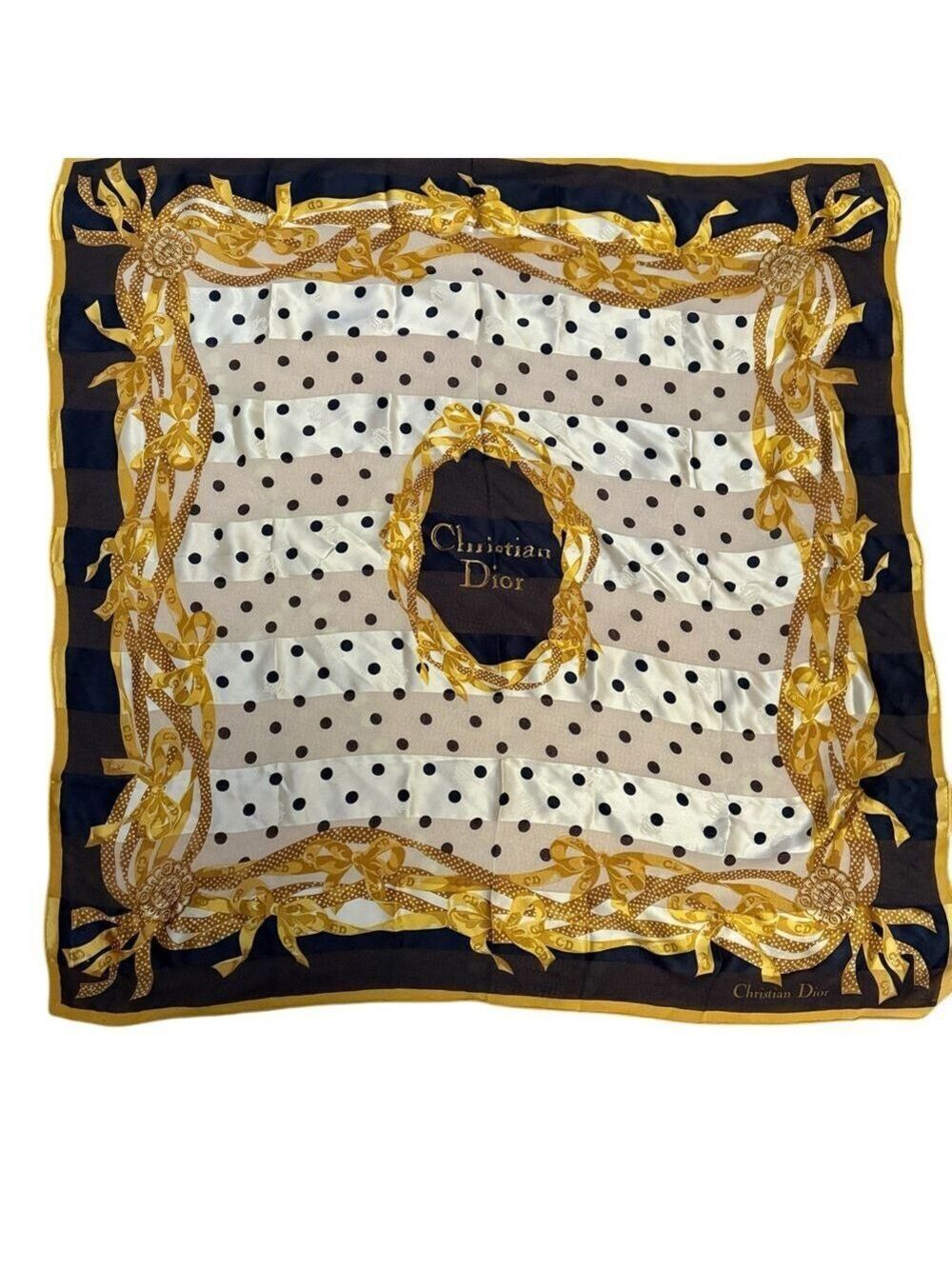 Dior Silk Polka Dot Scarf in Black, White, and Gold